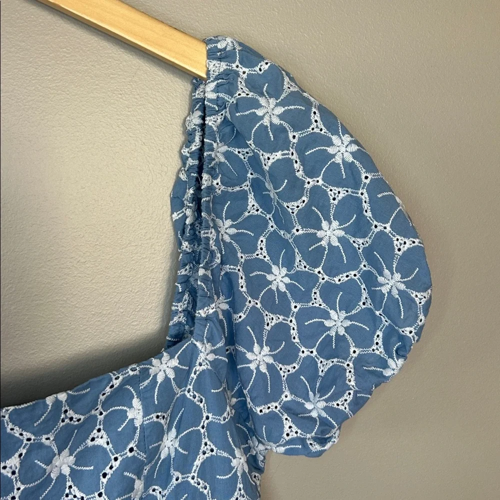 Lulus Fit to Frolic Blue Floral Eyelet Puff Sleeve‎ Babydoll Mini Dress Sz Small - Picture 3 of 12
